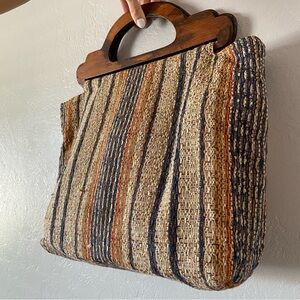 Vintage Retro woven textile clutch purse wooden handles Orange navy cream